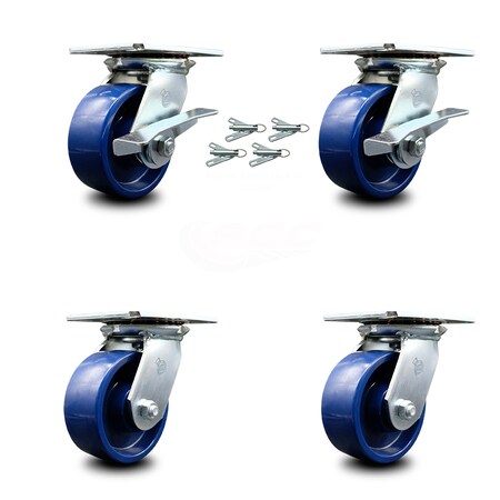 Service Caster 5 Inch Solid Poly Caster Set with Roller Bearing 4 Swivel Lock and 2 Brake SCC SCC-35S520-SPUR-SLB-BSL-2-BSL-2